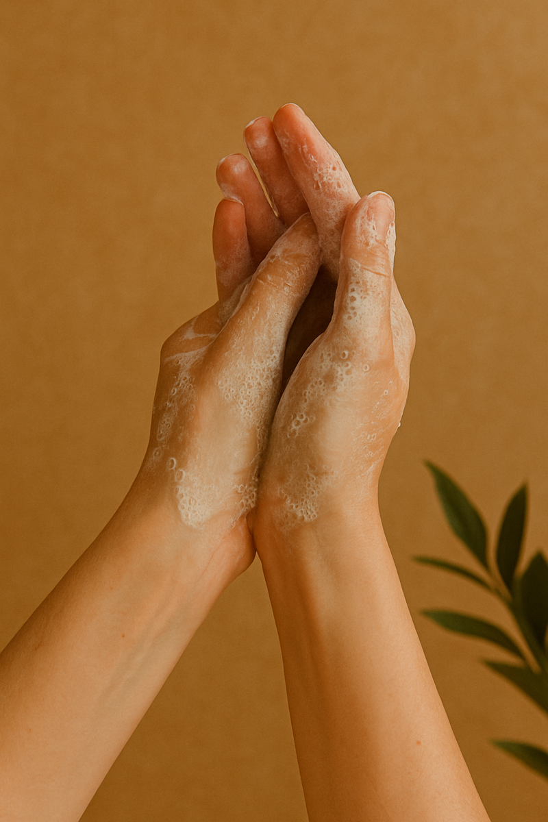 Đôi tay đang rửa sạch với bọt mịn, thể hiện sản phẩm chăm sóc cơ thể dịu nhẹ và an toàn cho làn da