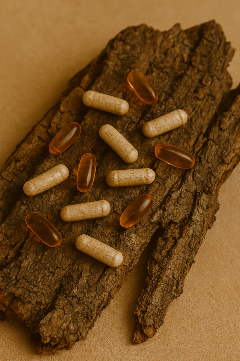 Viên nang thảo dược tự nhiên hỗ trợ chăm sóc sức khỏe, đặt trên nền vỏ cây
