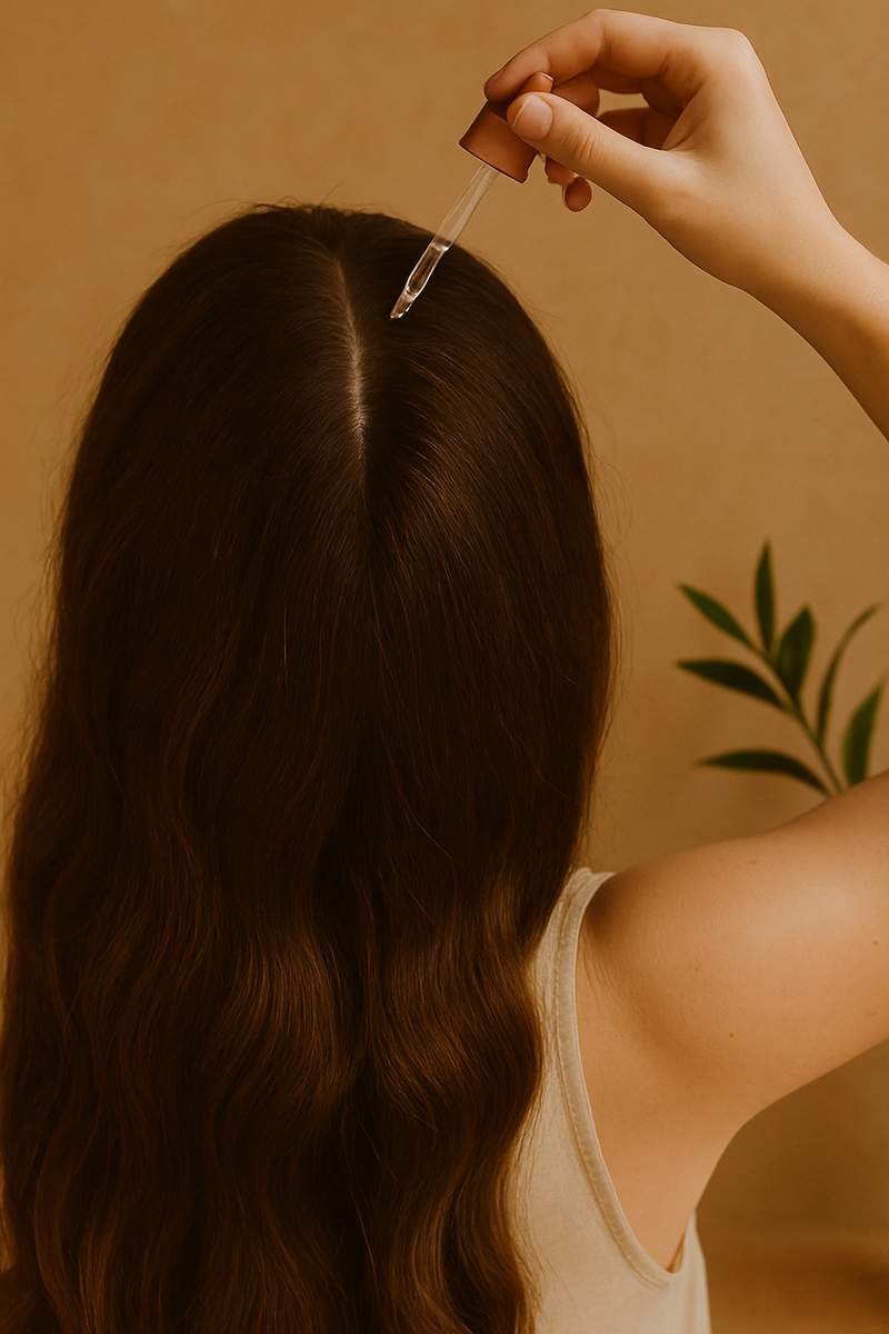 Người phụ nữ sử dụng tinh chất dưỡng tóc để chăm sóc tóc và nuôi dưỡng da đầu